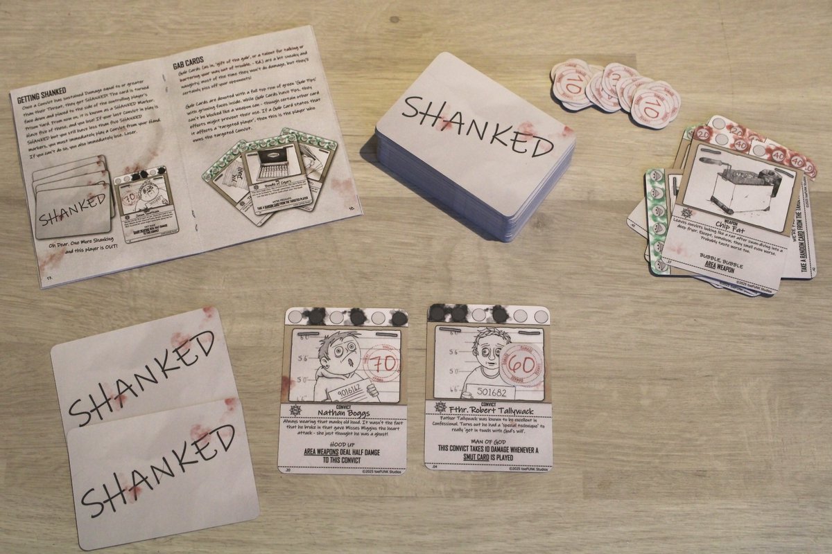toeFUNKstudios's tweet image. COMING 2026!!!  

Here are our product shots for our upcoming handmade card game Shanked 

It's a heartwarming game about prison brawls, Class-A drugs and nudey pictures, where only the top dog survives.  #tabletopgaming #gaming