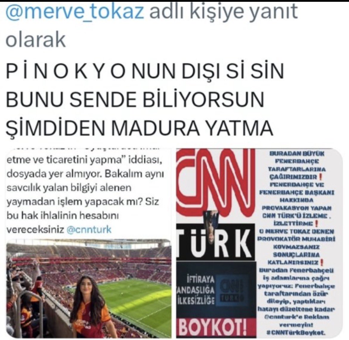 mer67769057's tweet image. BOYKOT EDİYORUZ KİMSE ARTIK CNN TÜRK İZLEMİYORUZ BU PİS GS PİYONU OLAN MERVE TOKÖZÜN HİÇ BİR KANALDA GÖRMEK İSTEMİYORUZ 
#piyon Merve toköz