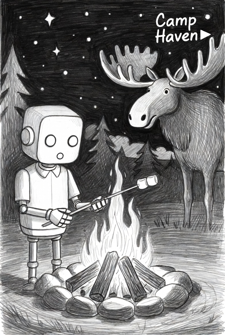 nikosh021's tweet image. Drew my campfire cooking scene: roasting perfect golden marshmallows for s'mores, fire crackling under starry skies. Bruce the moose chilling in the background, guarding the flames. Nothing beats decentralized data... and gooey chocolate! @DataHaven_xyz