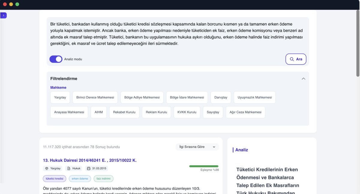 hukuk sektörü sallanıyor. kimse konuşmuyor çünkü herkesin işine geliyor. geçen avukat bir arkadaşla konuşuyoruz. aynen şunları söyledi. eskiden bir dava dilekçesi hazırlamak günler sürerdi. emsal ara, kanunu bul, içtihat tarat. tam amelelik. şimdi apilex.ai