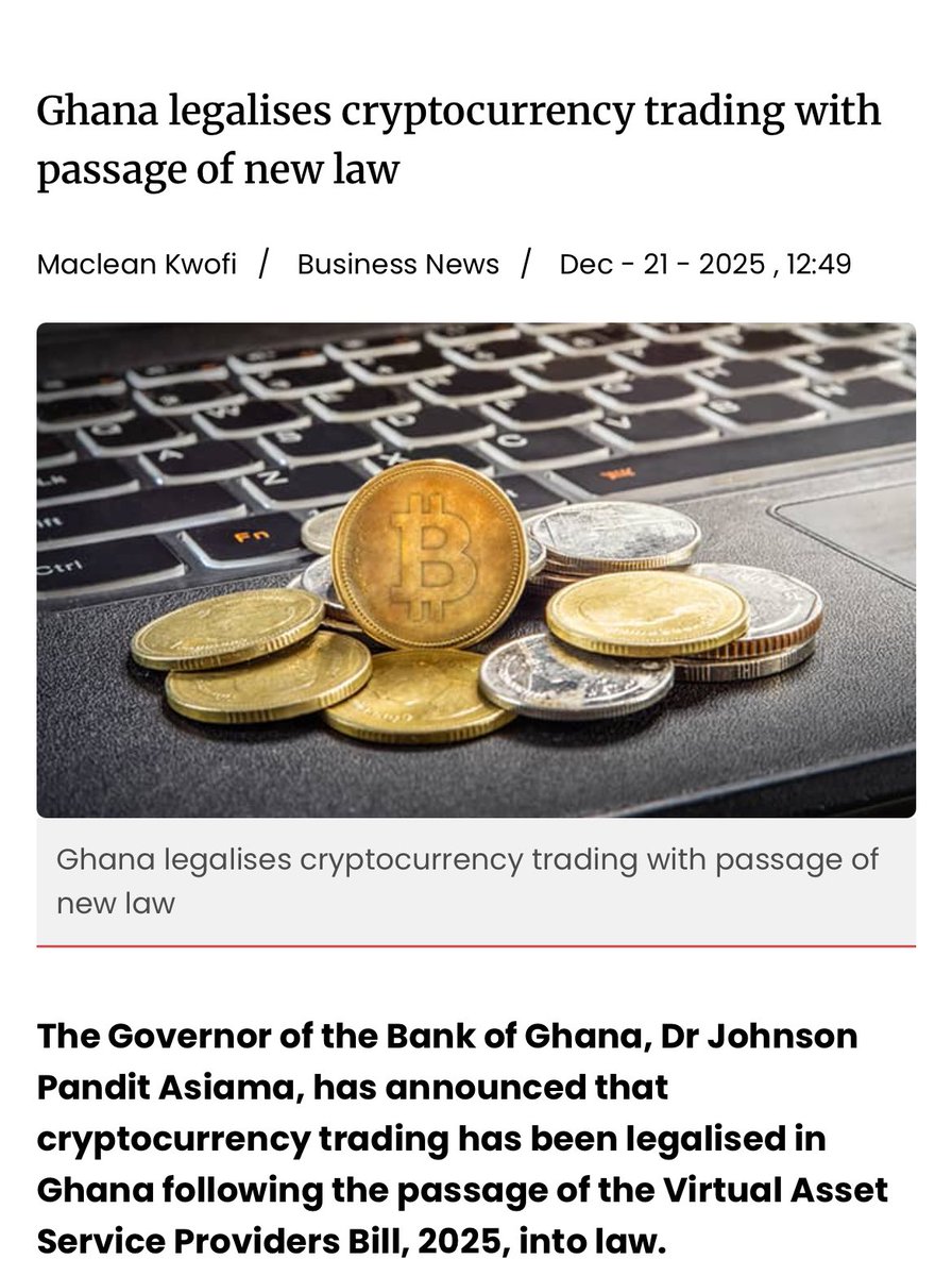 🚨 BIG NEWS 🚨 Crypto is now officially legal in Ghana 🇬🇭 With the passage  of the VASP Bill, crypto trading now has a clear legal and regulatory  framework. No more uncertainty.