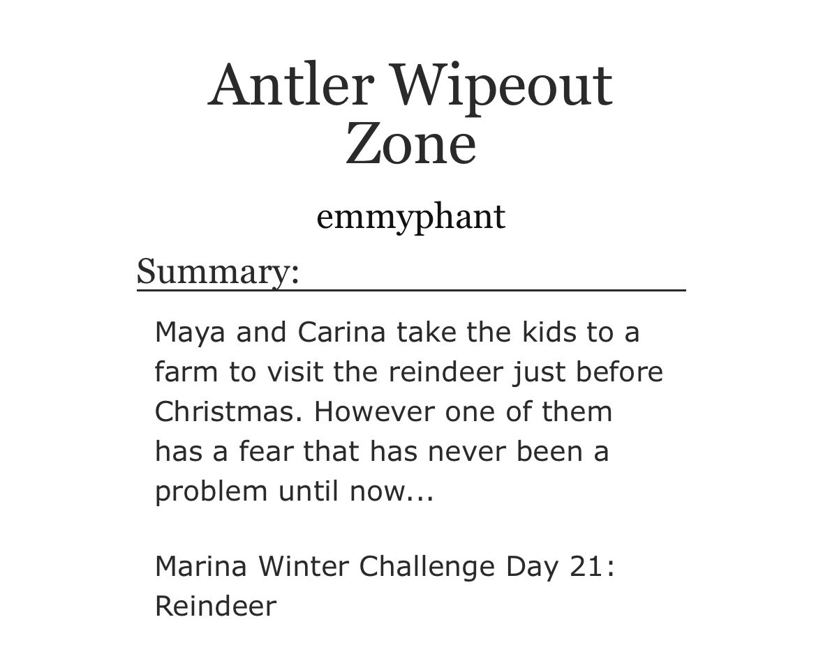 hmd1606's tweet photo. Marina Winter Challenge 2025
Day 21
Prompt- Reindeer 

Today's OneShot was written by @emmyphant_

Title: Antler Wipeout zone 

Link: https://t.co/lW7L5Ncc6D

#MarinaBookClub #MarinaWinterChallenge2025 #marina https://t.co/DgXmQQCTGd