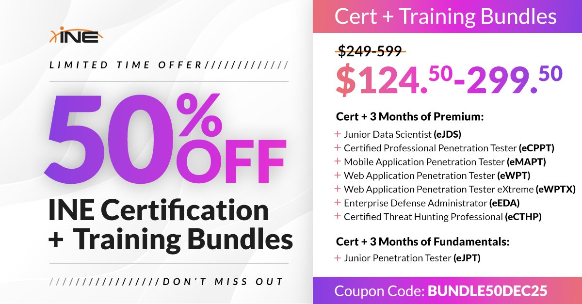 INEsecurity's tweet image. Last chance: 50% off the eWPT Certification + Training Bundle ⏳

Redeem 👉 bit.ly/3MJ1sYC

Code: BUNDLE50DEC25

Get the eWPT exam + 3 months Premium training with hands-on labs &amp;amp; real AppSec/pentesting workflows. 

#eWPT #WebSecurity #AppSec