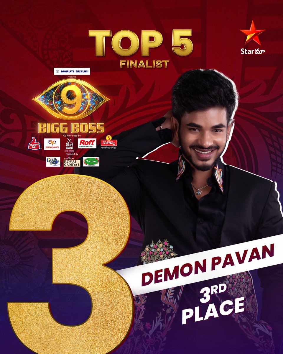 StarMaa's tweet photo. #DemonPavan signs off from #BiggBoss9! A journey full of sparks and entertainment! 👁️🔥
Watch the Grand Finale of #BiggBossSeason9 Today at 7PM only on #StarMaa & #JioHotstar
#BiggBossTelugu9 #BiggBossTelugu9GrandFinale https://t.co/6tgtRgC7H1