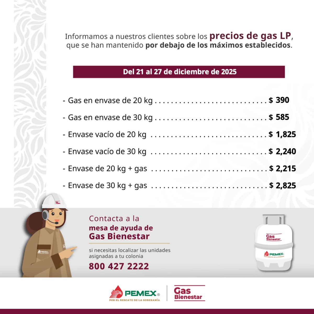 Precios de #GasBienestar vigentes en la Ciudad de México del 21 al 27 de diciembre de 2025