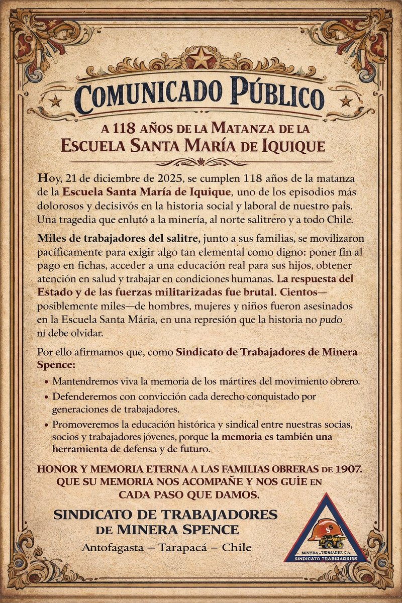 En memoria de todos los trabajadores y sus familias caídas en la matanza de la Escuela Santa María de Iquique.