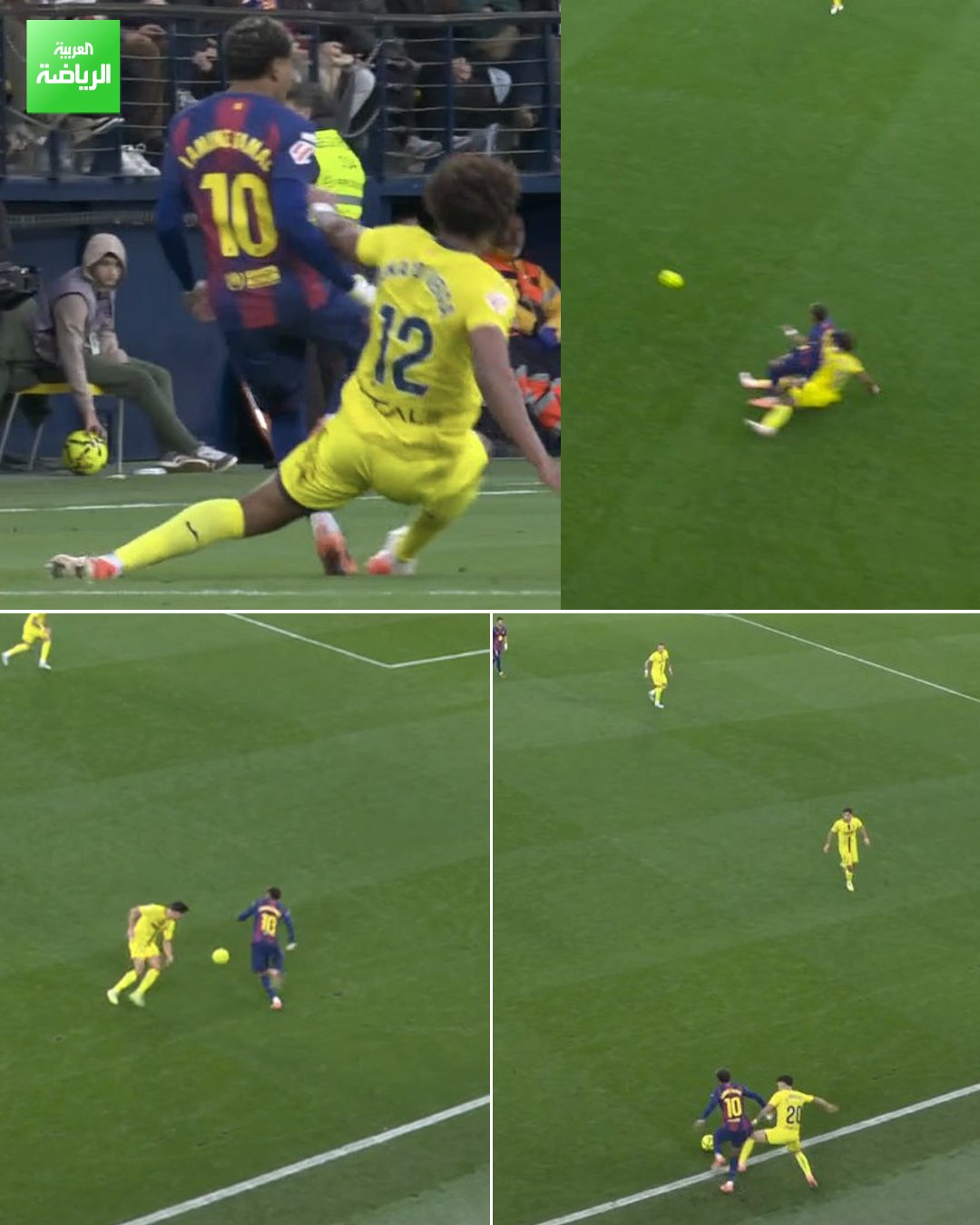 تدخل عنيف من ريناتو فيغا على لامين يامال. ريناتو فيغا تلقى بطاقة حمراء، فيما عاد نجم برشلونة إلى أرض الملعب بعد تلقيه العلاج، مطمئناً جماهير "البلوغرانا" عليه بعدما راوغ لاعبي فياريال 