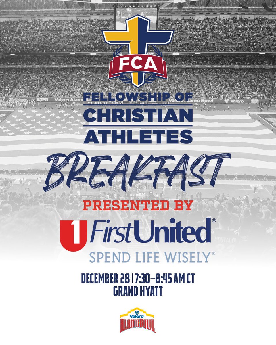 valeroalamobowl's tweet photo. The #ValeroAlamoBowl is excited to again host the FCA Breakfast presented by @FirstUnitedBank!
 
Highlighted by keynote speaker Darnell Barnes, attendees will enjoy a morning of fellowship, faith, and food alongside FCA athletes and coaches.
 
Register: https://t.co/aifiXeZGSS https://t.co/fYCdrtJFfw