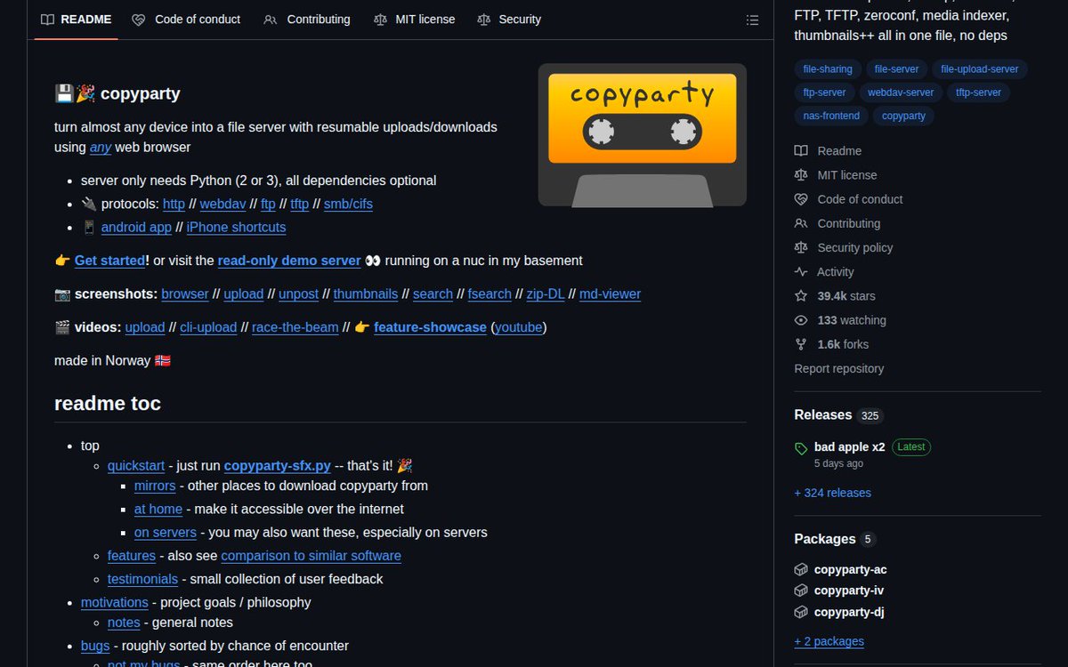 BehnamEbrahimi's tweet image. Spin up a blazing-fast file server anywhere—resumable uploads, dedup, media indexing, zero hassle. All in a single Python file.

⭐ 39.4K • 🍴 1.6K • 📜 MIT • Python

github.com/9001/copyparty