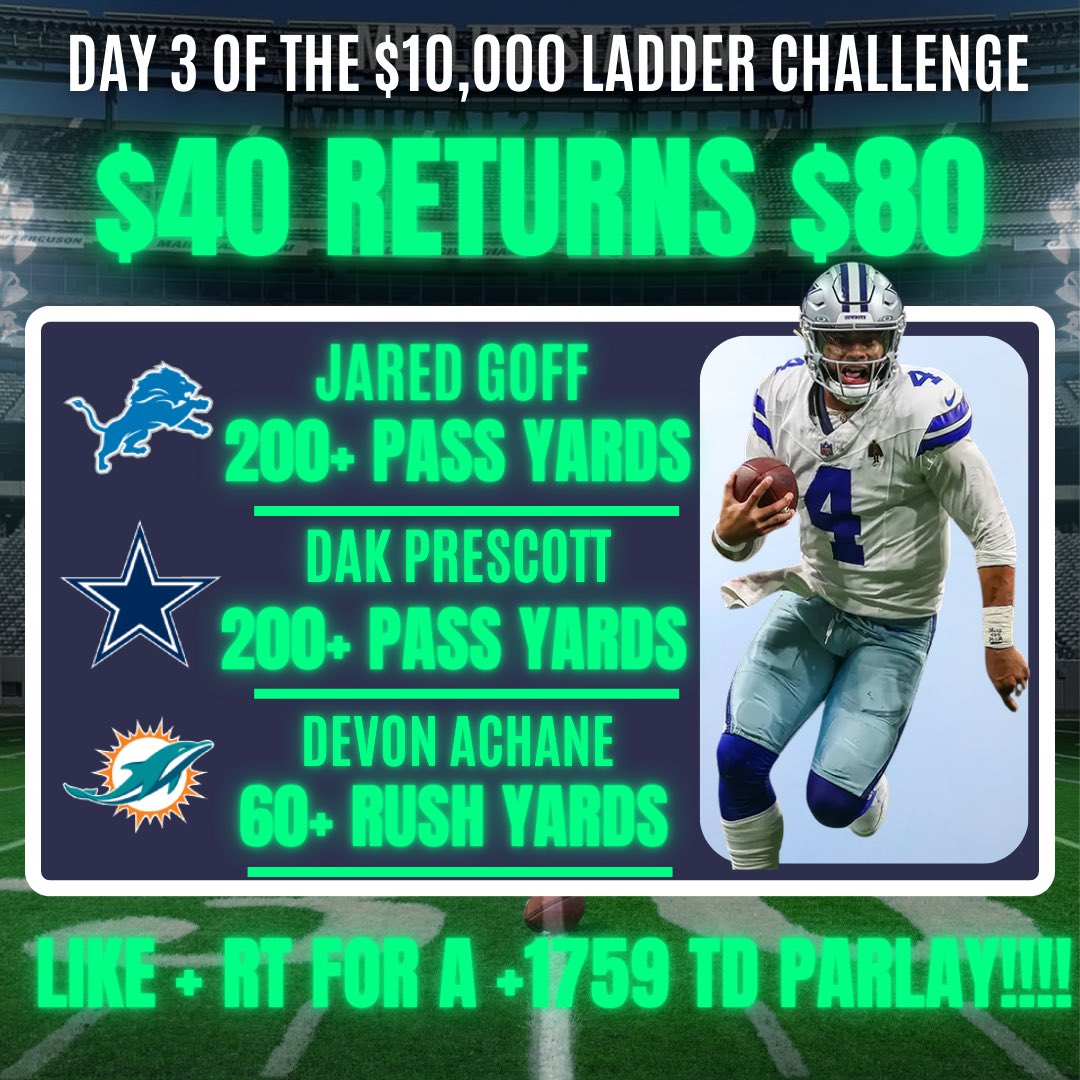 🪜 NFL SUNDAY $10 to $10,000 Parlay 

📈DAY 3 OF THE CHALLENGE. 3 PROPS TO GET US A WINNER TODAY. LET’S RIDEEEE!! 

❤️LIKE + REPOST &amp; I WILL DROP A +1759 TD PARLAY!!!