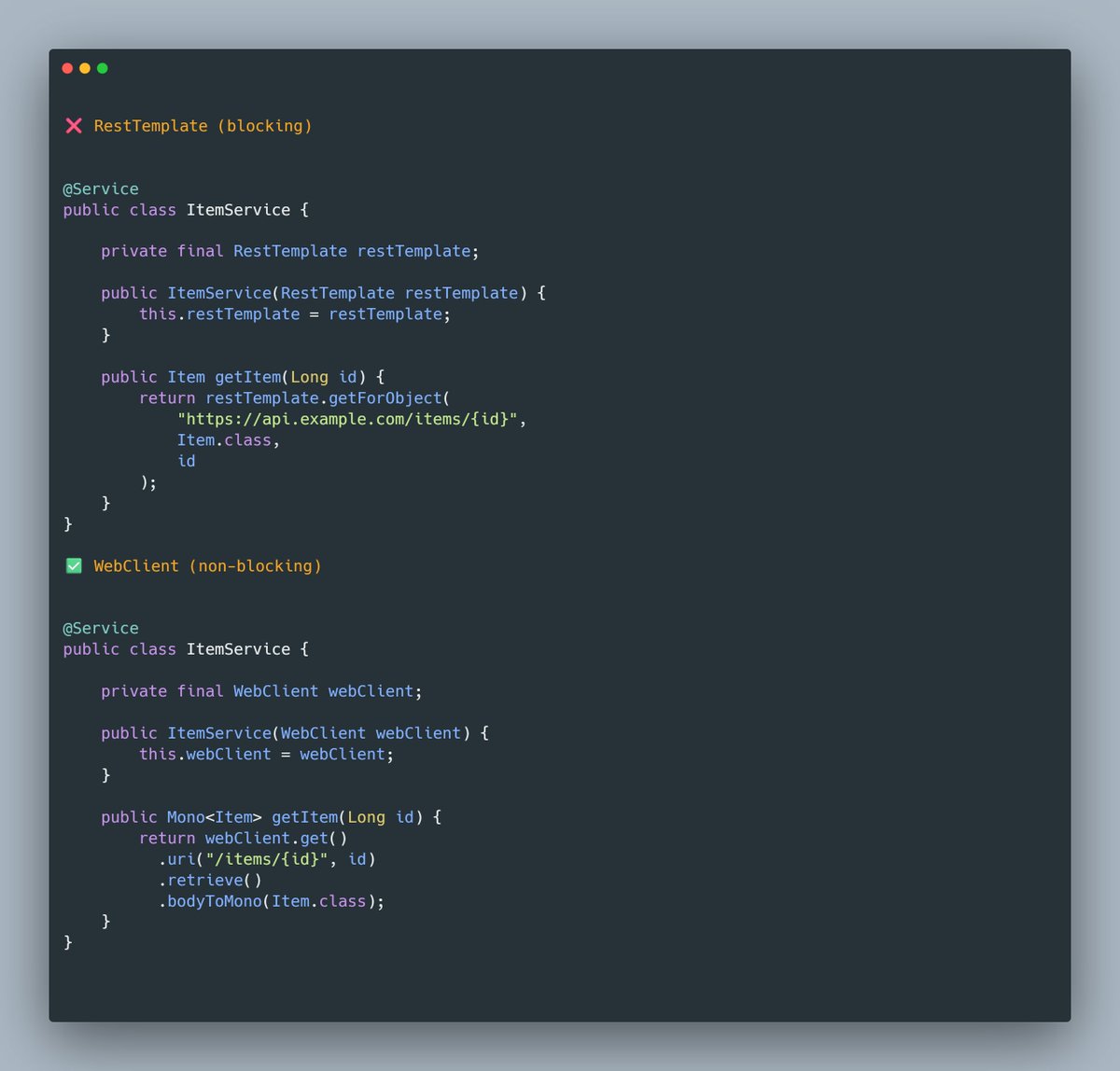 mario_casari's tweet image. 🚀 Spring Boot: Choose WebClient over RestTemplate for new apps.

✅ It's reactive and non-blocking
✅ Based on event-loop instead of thread-per-request
✅ Ideal for microservices

#SpringBoot #JavaDev