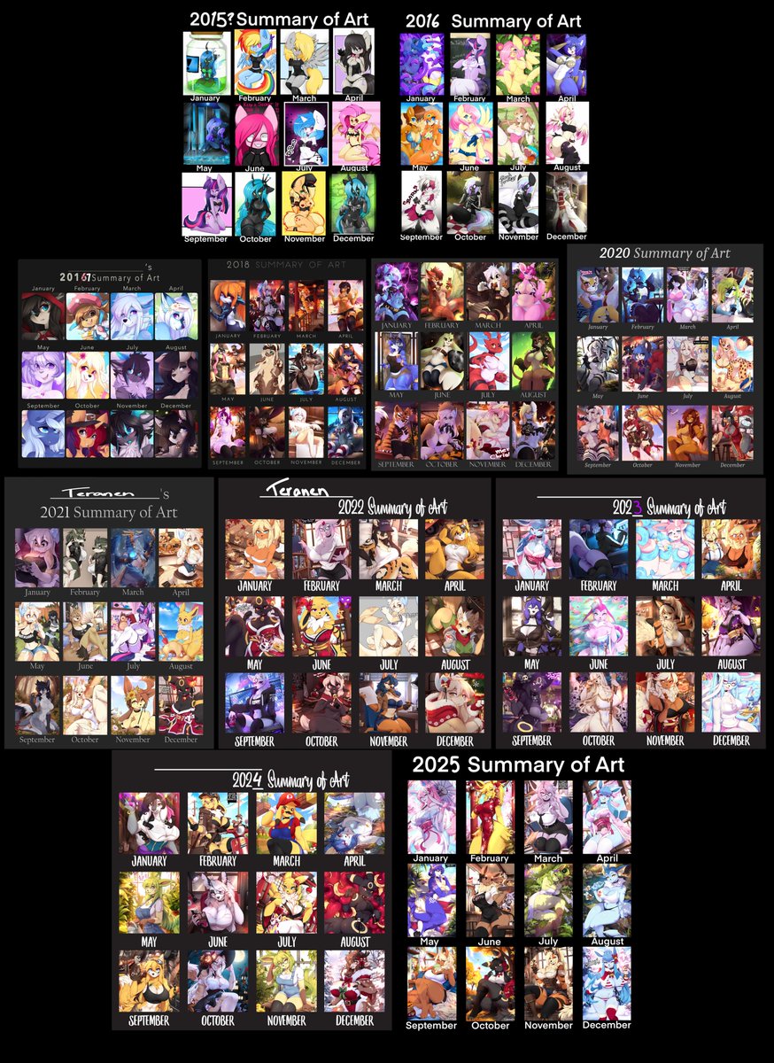 10 years summary of art!

Of which latest has been the hardest and closest to hit burnout😵‍💫Next year will be kinda make it or break it with art as a job cause lot of things.
But
I try my best to relax and not be as critical about my work💪 Lets see where it takes me