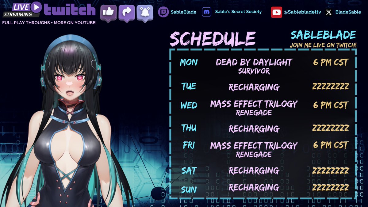 BladeSable's tweet image. Schedule for this week! DBD and starting my Mass Effect Renegade playthrough! Come join me! #Vtuber #twitch #twitchstreamer #streamer #MassEffect  #dbd #DeadbyDaylight #MassEffectTrilogy