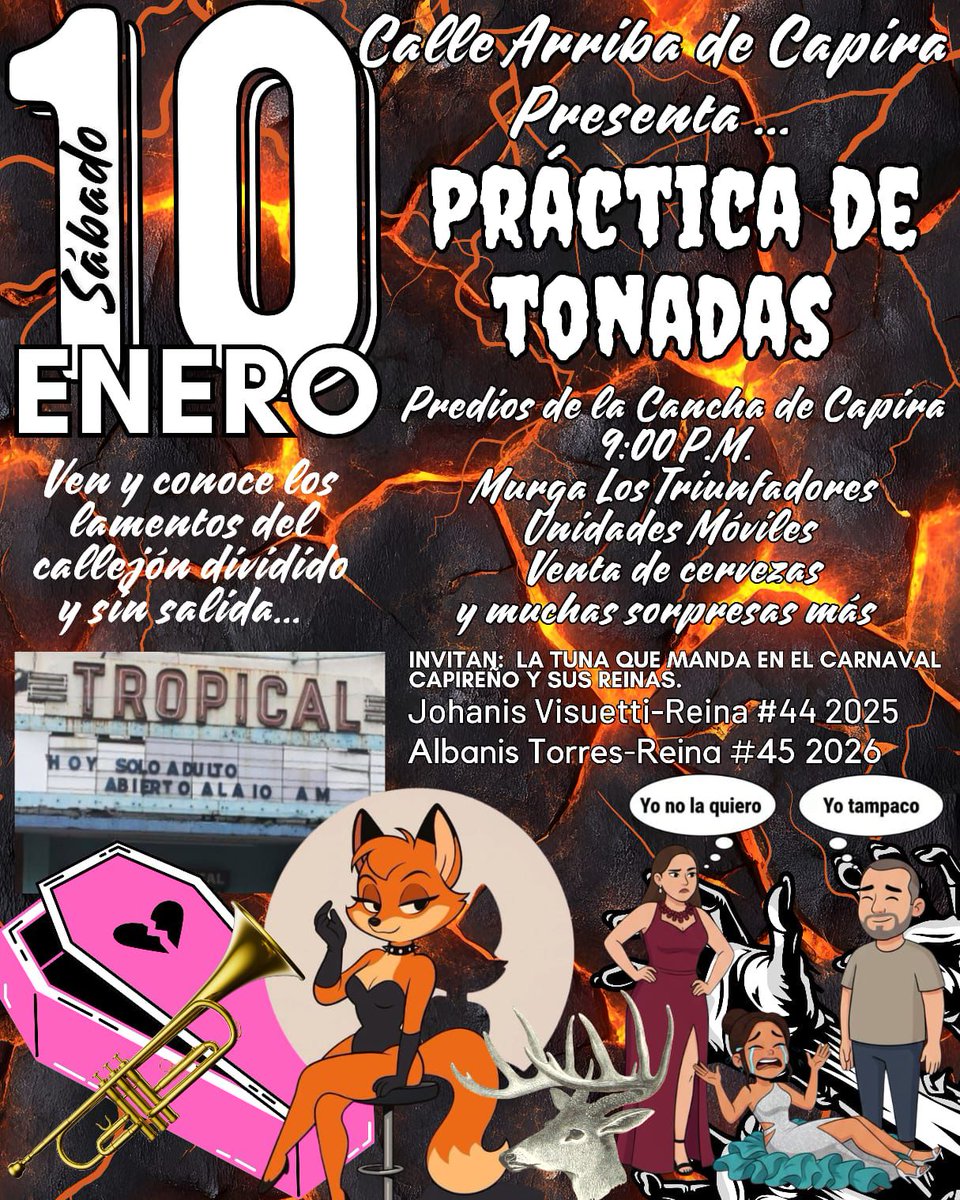 Sábado 10 de enero, no te pierdas la primera práctica de tobadas rumbo al carnaval 2026. Predios de la Cancha de Capira a partir de las 9:00 p.m.