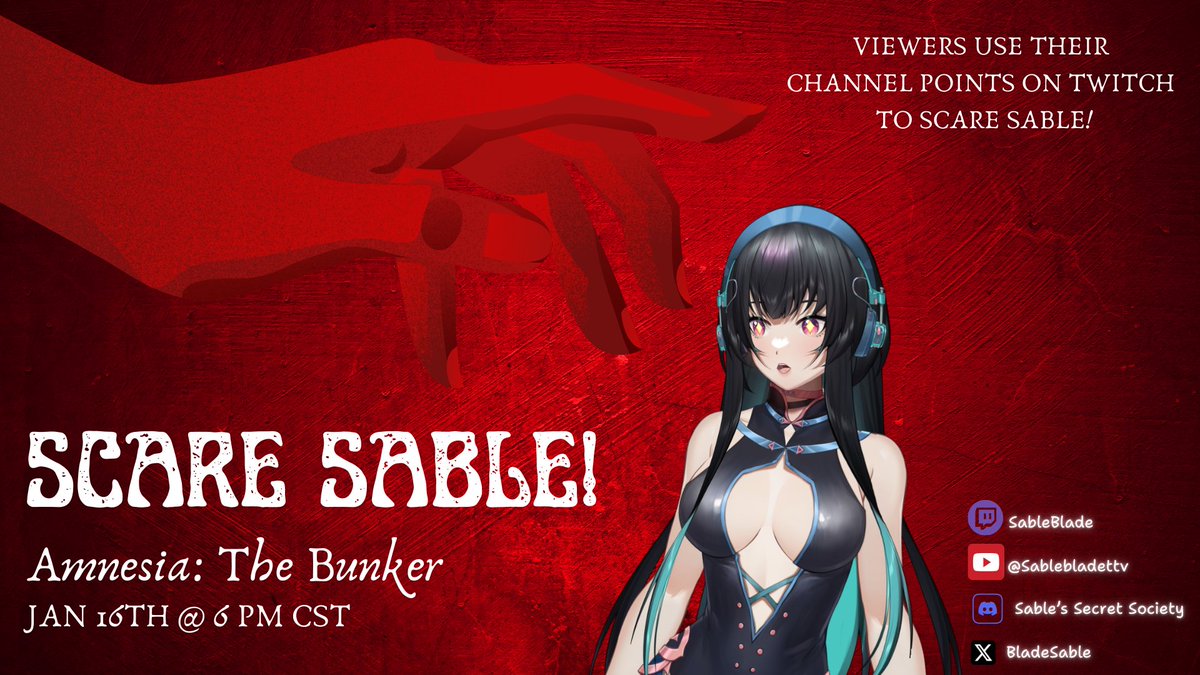 BladeSable's tweet image. Join me for another Scare Sable Night! Jan 16th starting at 6 pm CST!  #Vtuber #twitch #twitchstreamer #streamer #horror #horrorgames #scaresable