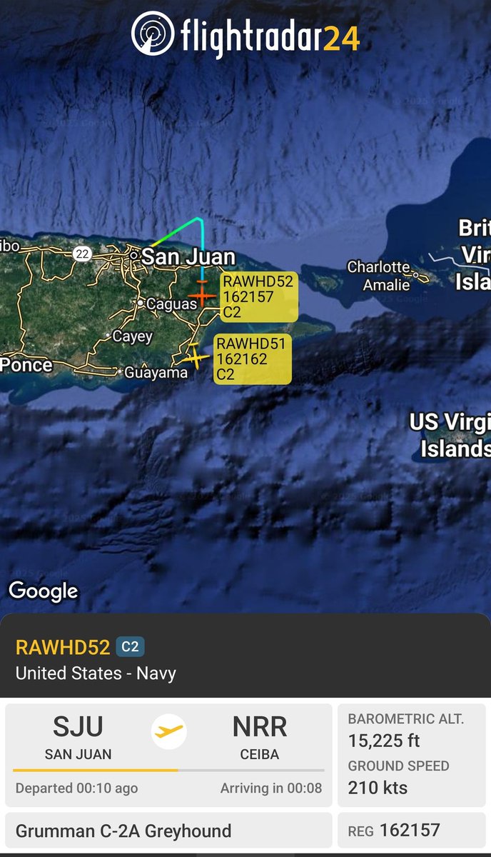 C-2A Greyhound 2x 
Tracking S out if San Juan 
#AE0451/162157/RAWHD52 
#AE0454/162162/RAWHD51 
<a href="/Borrowed7Time/">Johnny Gemini</a> <a href="/MichaelBonet8/">Michael Bonet 🇵🇷</a> <a href="/r4streando/">Eli</a> <a href="/FlconEYES/">Falcon</a>