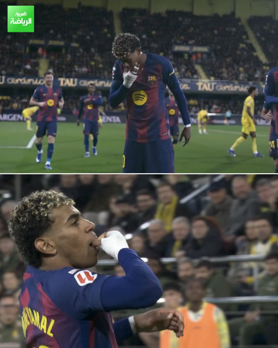 يبدو أن نجم برشلونة يرد على جماهير فياريال. لامين يامال يسجل ويحتفل وكأنه يصفر رداً على صافرات جماهير "الغواصات الصفراء" 