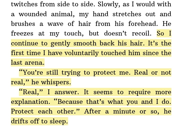 allfiredoe's tweet image. of all the times peeta has comforted katniss, this time she’s the one doing it, showing him the part of herself that she had only ever shown to prim, how caring she can be, how soothing her touch is, how deeply she loves and peeta can feel it he knows he found another truth