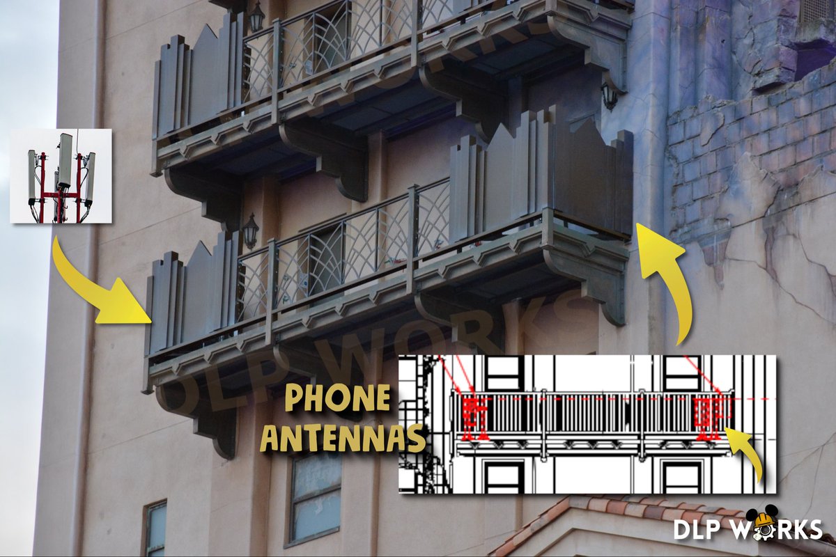 DLPWorks's tweet photo. [News] 🚨⚠️ New Balconies on the Hollywood Tower Hotel!!

➡️ New balcony structures have been added to the Hollywood Tower Hotel, following Prior Declaration Permit submitted by mobile network operators!

➡️ Modifications are planned on both sides of the tower to significantly enhance network capacity ahead of the opening of Disney Adventure World on 29 March 2026, which acts as the project deadline (permit).
➖ See the before / after visual comparison by #DLPWorks 
➖ Check also the blueprint extract from the permit files, highlighting antenna placements and technical layouts (in red).

➡️ These upgrades are part of a coordinated project with Walt Disney Imagineering, ensuring full compliance with the tower’s Art Deco architectural style.
➖ Although the project is technically led by Bouygues Telecom, the decorative treatment has been carefully designed to act as a visual screen for telecom antennas, fully integrated into the façade!!👀

➡️ Each balcony will discreetly house multiple antennas, concealed behind Art Deco-inspired decorative elements.
➖ In total, 6 replacements on the 8 balconies are planned 🛜
➖ With one mobile operator per balcony!

➡️ The first operator filings are already visible on Cartoradio (ANFR), the official French national database 👀 #DisneylandParis