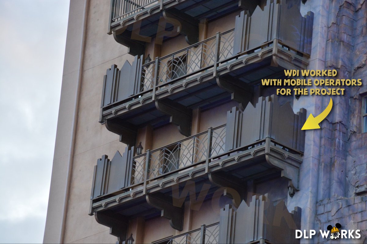 DLPWorks's tweet photo. [News] 🚨⚠️ New Balconies on the Hollywood Tower Hotel!!

➡️ New balcony structures have been added to the Hollywood Tower Hotel, following Prior Declaration Permit submitted by mobile network operators!

➡️ Modifications are planned on both sides of the tower to significantly enhance network capacity ahead of the opening of Disney Adventure World on 29 March 2026, which acts as the project deadline (permit).
➖ See the before / after visual comparison by #DLPWorks 
➖ Check also the blueprint extract from the permit files, highlighting antenna placements and technical layouts (in red).

➡️ These upgrades are part of a coordinated project with Walt Disney Imagineering, ensuring full compliance with the tower’s Art Deco architectural style.
➖ Although the project is technically led by Bouygues Telecom, the decorative treatment has been carefully designed to act as a visual screen for telecom antennas, fully integrated into the façade!!👀

➡️ Each balcony will discreetly house multiple antennas, concealed behind Art Deco-inspired decorative elements.
➖ In total, 6 replacements on the 8 balconies are planned 🛜
➖ With one mobile operator per balcony!

➡️ The first operator filings are already visible on Cartoradio (ANFR), the official French national database 👀 #DisneylandParis