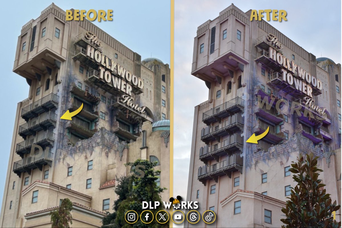 DLPWorks's tweet photo. [News] 🚨⚠️ New Balconies on the Hollywood Tower Hotel!!

➡️ New balcony structures have been added to the Hollywood Tower Hotel, following Prior Declaration Permit submitted by mobile network operators!

➡️ Modifications are planned on both sides of the tower to significantly enhance network capacity ahead of the opening of Disney Adventure World on 29 March 2026, which acts as the project deadline (permit).
➖ See the before / after visual comparison by #DLPWorks 
➖ Check also the blueprint extract from the permit files, highlighting antenna placements and technical layouts (in red).

➡️ These upgrades are part of a coordinated project with Walt Disney Imagineering, ensuring full compliance with the tower’s Art Deco architectural style.
➖ Although the project is technically led by Bouygues Telecom, the decorative treatment has been carefully designed to act as a visual screen for telecom antennas, fully integrated into the façade!!👀

➡️ Each balcony will discreetly house multiple antennas, concealed behind Art Deco-inspired decorative elements.
➖ In total, 6 replacements on the 8 balconies are planned 🛜
➖ With one mobile operator per balcony!

➡️ The first operator filings are already visible on Cartoradio (ANFR), the official French national database 👀 #DisneylandParis