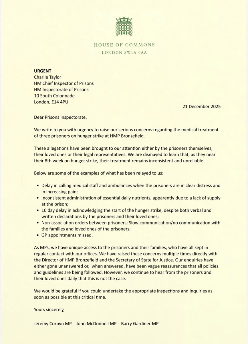 We are alarmed by the deteriorating health of the hunger strikers — as well as the government’s failure to engage with our concerns.

We have written directly to the Prisons Inspectorate regarding their medical treatment.

This is an emergency. Urgent action is needed, now.