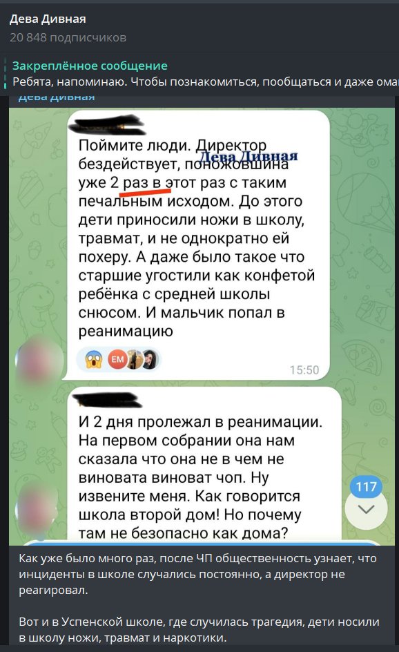 "Как уже было много раз, после ЧП общественность узнает, что инциденты в школе случались постоянно, а директор не реагировал. 

Вот и в Успенской школе, где случилась трагедия, дети носили в школу ножи, травмат и наркотик"
