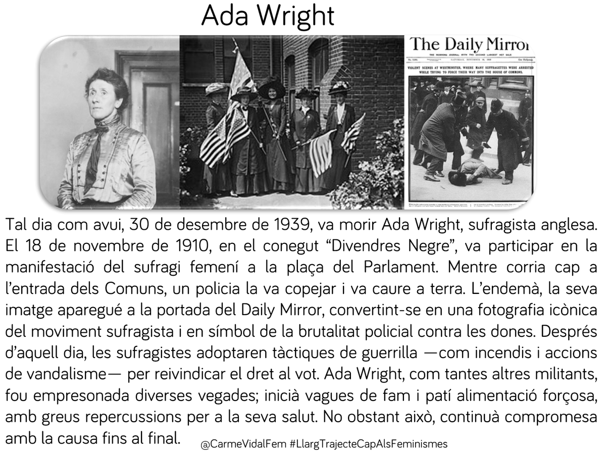 CarmeVidalFem's tweet photo. #taldiacomavui, 30 de desembre de 1939, va morir Ada Wright, sufragista anglesa. Va ser empresonada diverses vegades, iniciant vagues de fam que varen posar en risc la seva salut, obligant-la a patir alimentació a la força #capdonaenoblit #sufragistes #dones #valentes 🇬🇧🗳️ https://t.co/F8okJZhoO5