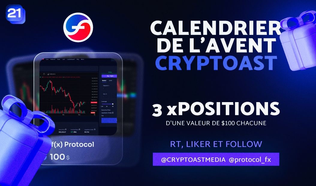 CryptoastMedia's tweet image. 🎁 Calendrier de l'avent Cryptoast 🎁

Jour 21 :  

3 POSITIONS d’une valeur de $100 chacune avec Fx Protocol ! 

Pour participer :

Follow @protocol_fx &amp;amp; @CryptoastMedia

Like &amp;amp; RT ce post 💞

Tirage au sort: 26 décembre 🎅
Bonne chance à tous 🍀