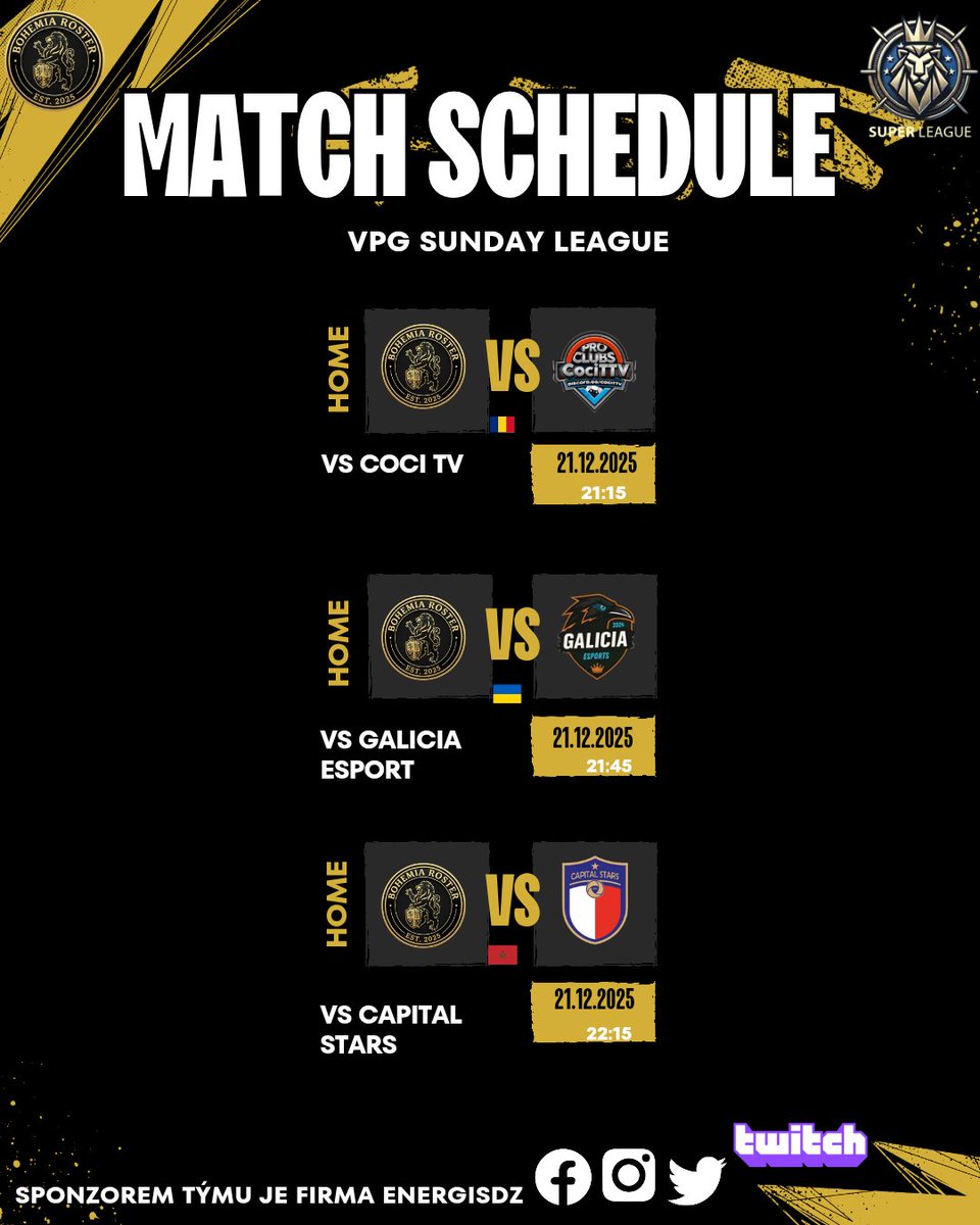 Závěr sezóny je tady. Dnes náš tým odehraje poslední soutěžní zápasy v roce 2025. V Sunday League už o postup nehrajeme, ale chceme v tabulce skončit co nejvíce. 

Dnešní tří zápasový blok startujeme ve 21:15, sledovat nás můžeš na Twitchi.