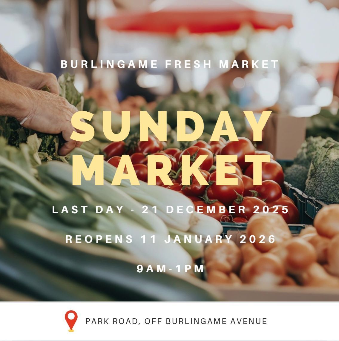 It’s our final market day of 2025! Stock up on your favorites and enjoy the last fresh finds of the year. We’ll be back January 11, 2026. ✨

Today 9AM to 1PM.
📍Park Lane off Burlingame Avenue
