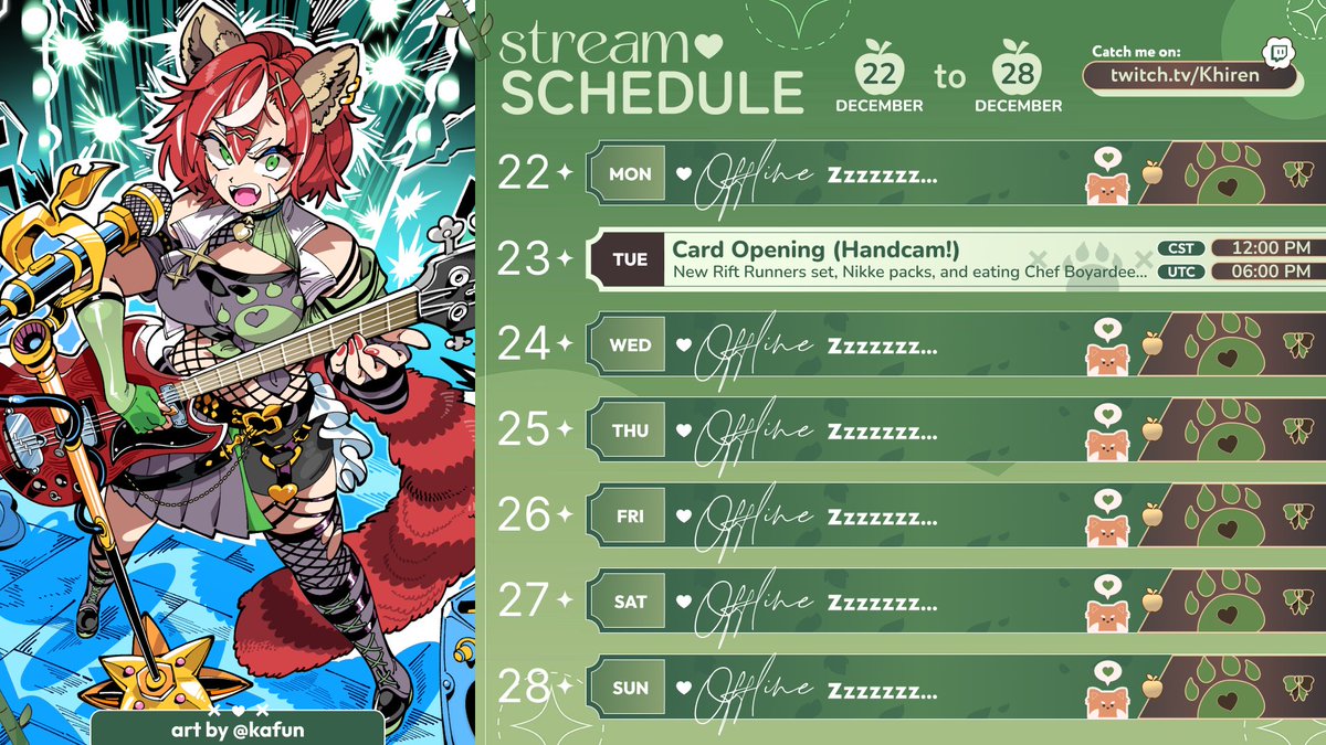 ✨🍎WEEKLY SCHEDULE🍎✨

...Do you hear sleighbells? Is that just me?

TUE: Handcam stream! Opening new Rift Runners boxes and Nikke card packs, and eating accursed Chef Boyardee....

I wish the Apple Corps a lovely holiday and wonderful last days of the year! 🍎✨
