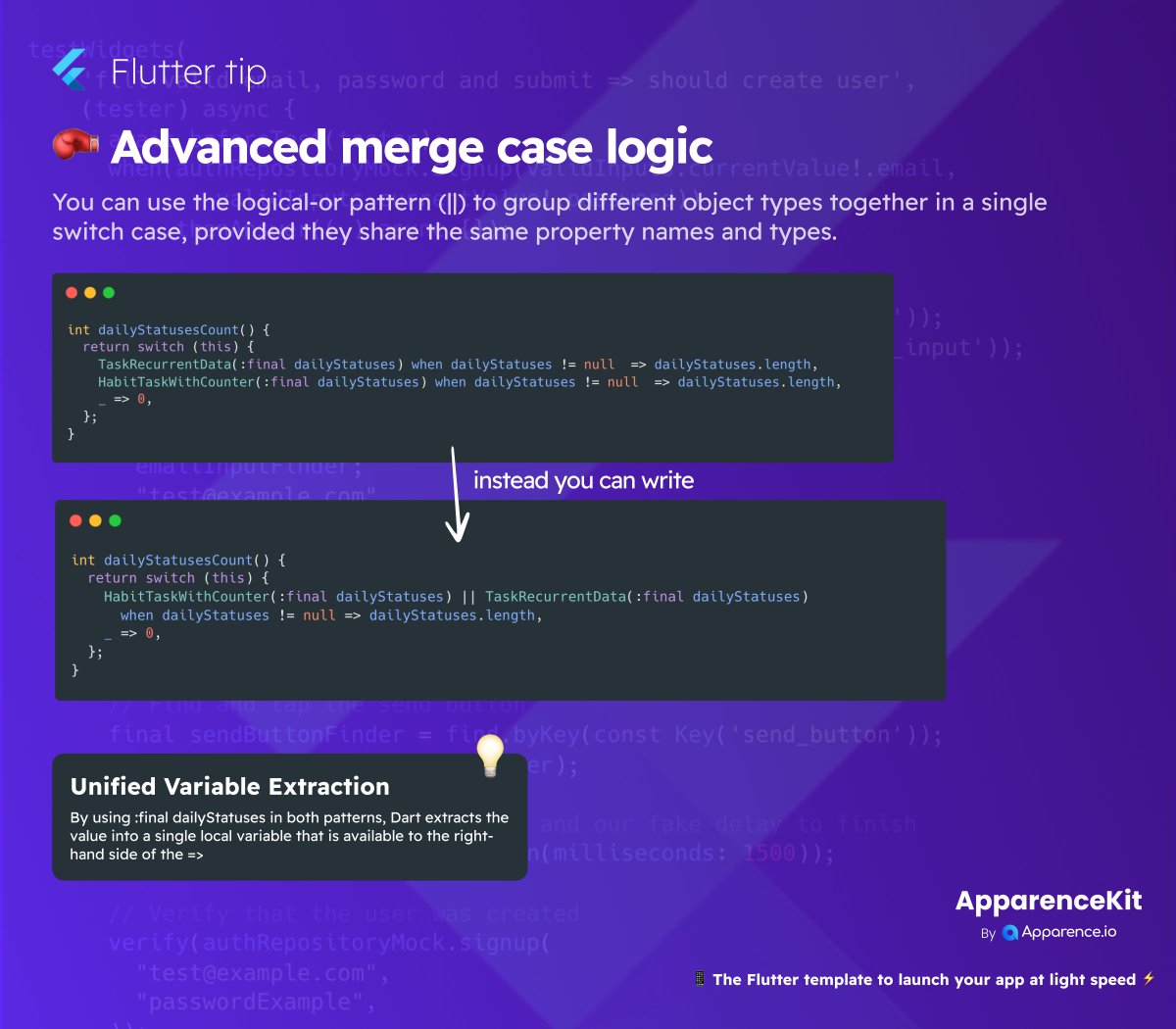 mcflyDev's tweet image. 🧐 Flutter tips
You can use the logical-or pattern (||) to group different object types together in a single switch case, provided they share the same property names and types.

🥊 Advanced merge case logic

#flutterdev #fluttertips