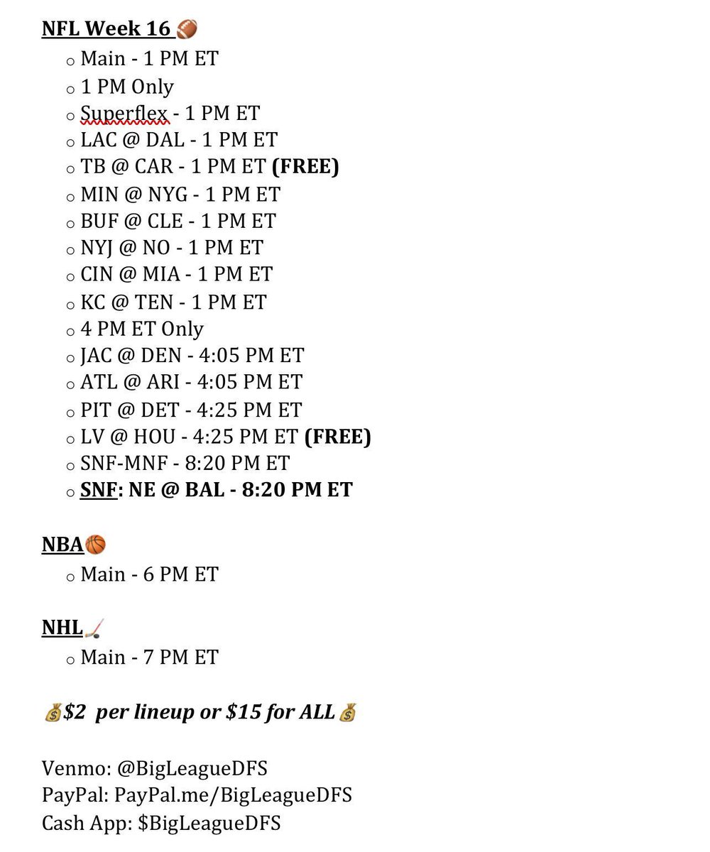 ⏰ 1 HOUR UNTIL NFL LOCK ⏰

NFL Week 16 = money time 🏈💰

✅ Main
✅ 1PM Only
✅ Superflex
✅ 4PM Only
✅ SNF Showdown
✅Every Single Game

DM ME FOR LINEUPS📬

💵 $2 per lineup / $15 for ALL 💵

#NFL #NFLWeek16 #NFLPicks #NFLDFS #Fanduel #DFS #GamblingX