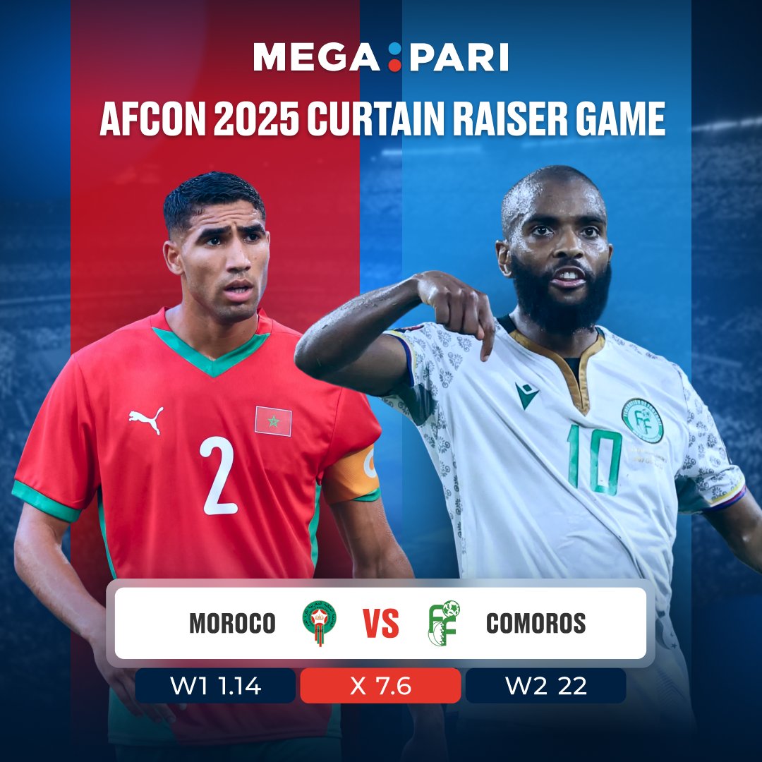 megapari_ngr's tweet image. AFCON 2025 kicks off in style 🌍⚽

Morocco 🇲🇦 vs Comoros 🇰🇲 — pride and passion from the first whistle.

Who starts with a win? 🔥

Lock in your prediction &amp;amp; feel the vibes 👇
megapari.media/4pR2QXX

#AFCON2025 #MoroccoVsComoros #OpeningMatch
