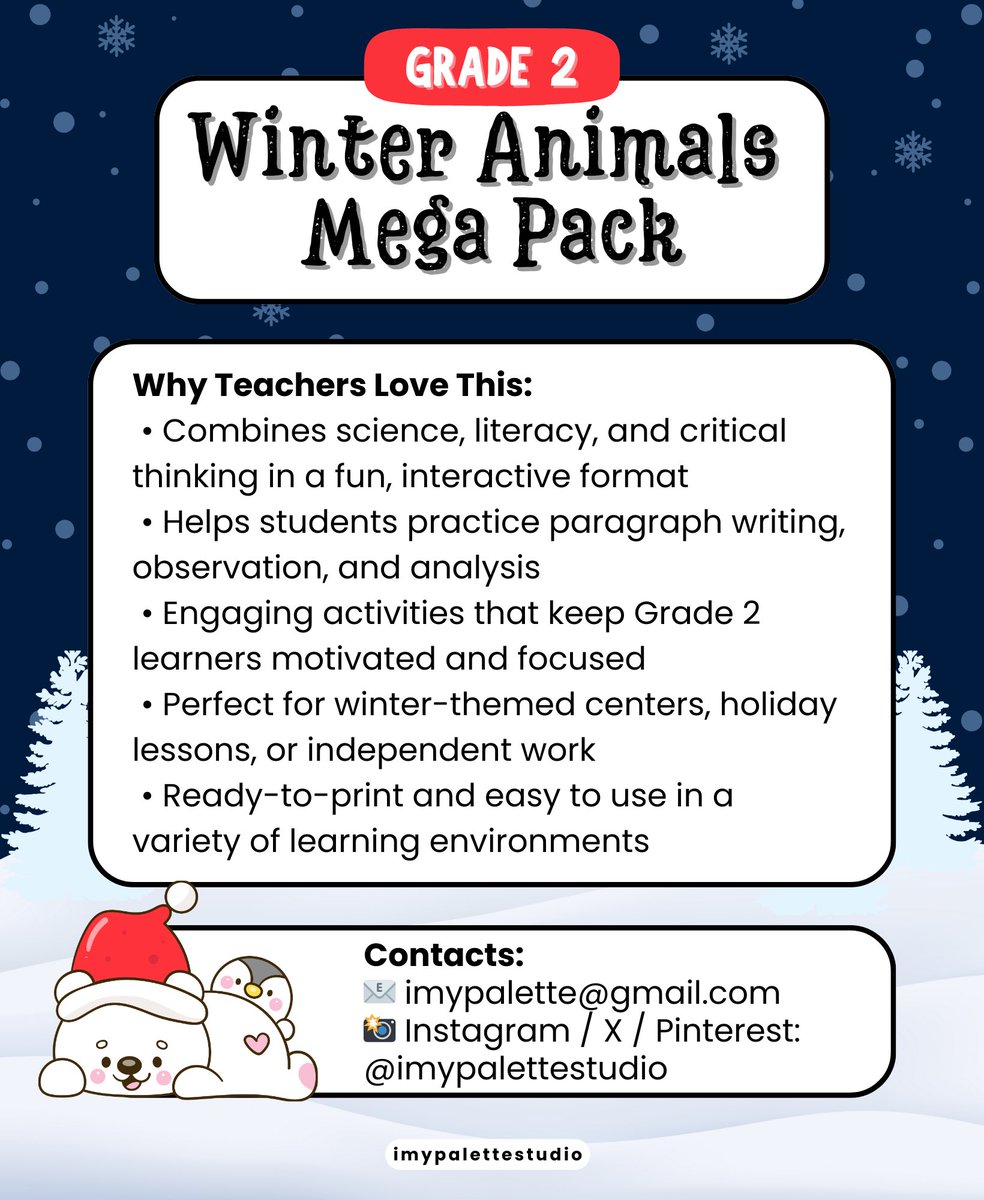 imypalettex's tweet photo. 🐻Download Grade 2 winter animal worksheets encouraging thoughtful science discussions ❄️📚

AVAILABLE NOW ON TPT
🔗 https://t.co/w3lxktkc7i

#TPT #imypalettestudio #ScienceDiscussion #Grade2 #WinterTheme #LiteracyActivities #Education https://t.co/aWfOdWGDIq
