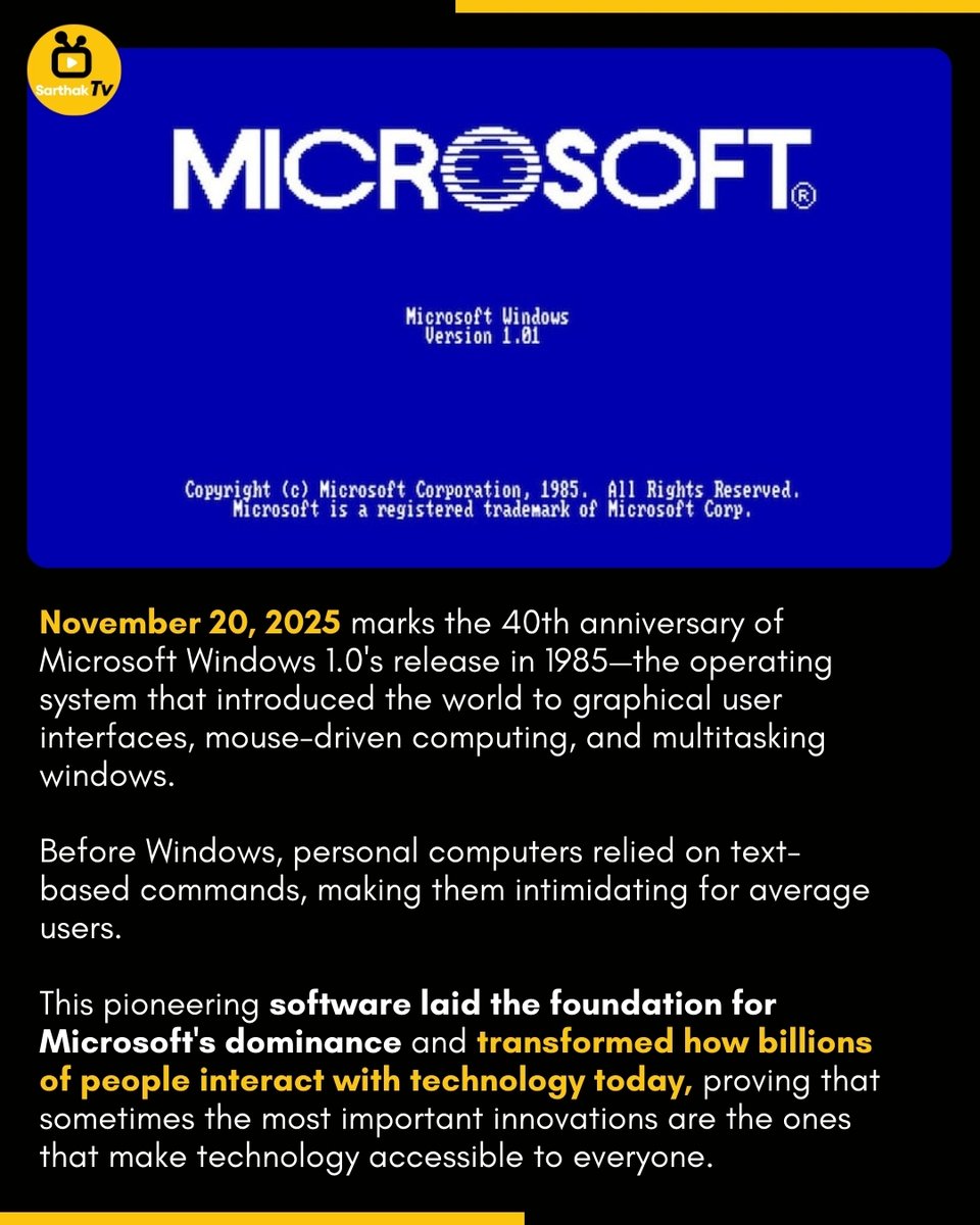 SarthakTv's tweet photo. Windows 1.0 Turns 40: The Software That Changed Everything

Microsoft’s first operating system laid the foundation for modern computing — and its legacy still shapes our digital lives.

#Sarthaktv #TechHistory #Windows40 #Microsoft #ComputingEvolution https://t.co/6pVkounlm5
