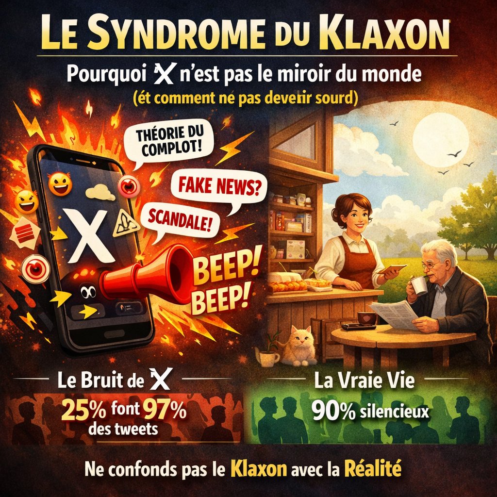lactetue's tweet image. Le Syndrome du Klaxon : Pourquoi 𝕏 n'est pas le miroir du monde
(et comment ne pas devenir sourd)

Alors, on pose le café, on s’assoit deux minutes, et on essaie de comprendre pourquoi ton écran de téléphone ressemble à un asile à ciel ouvert alors que la boulangère, elle, ne te…