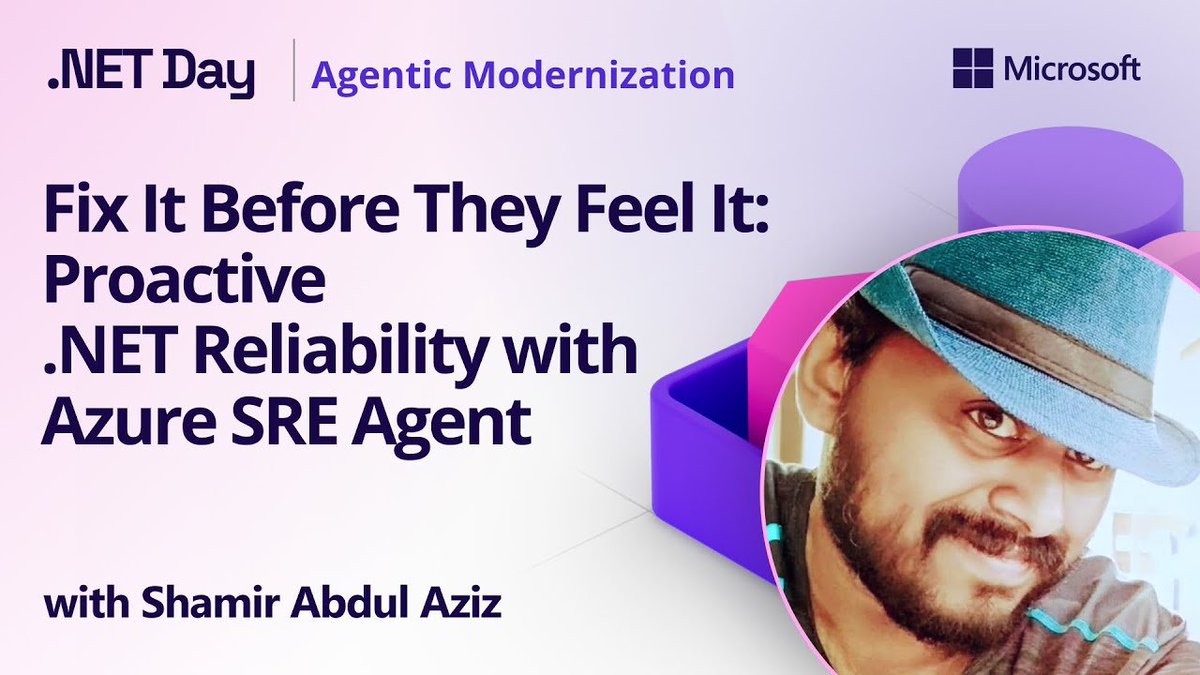 dotnet's tweet image. See how you can get ahead of incidents and fix issues before they are reported.

In this demo-heavy .NET Day on Agentic Modernization session replay, we instrument an #ASPNET Core app with Application Insights and (cont) msft.it/l/6018tSH0i