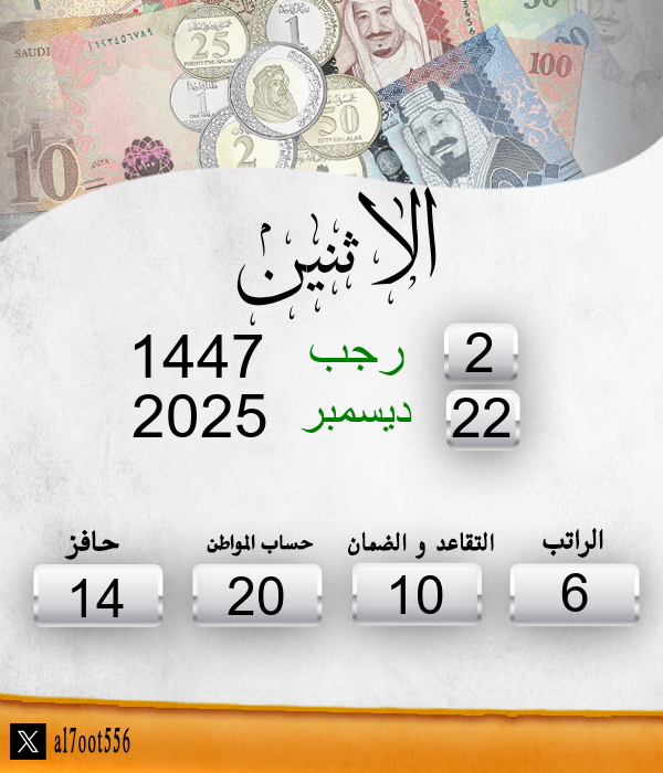 تاريخ اليوم الاثنين الموافق: 2/7/1447
موعد إيداع الراتب الأحد الموافق: 8/7/1447
الأيام المتبقية لإيداع الراتب: 6 أيام
