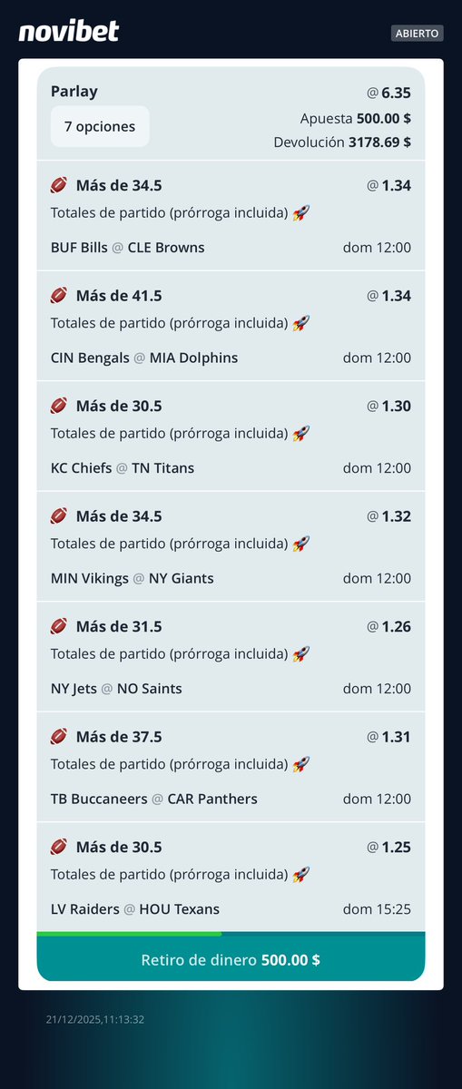 DonMiicky's tweet photo. 🏈 PARLAY NFL

Simplemente me encanta este parlay de la especialidad de la casa, los Overs 💚

Se van $300 entre los que dejen su 🔁❤️ y comenten #FamiliaMicky https://t.co/j1rMQEYO8T