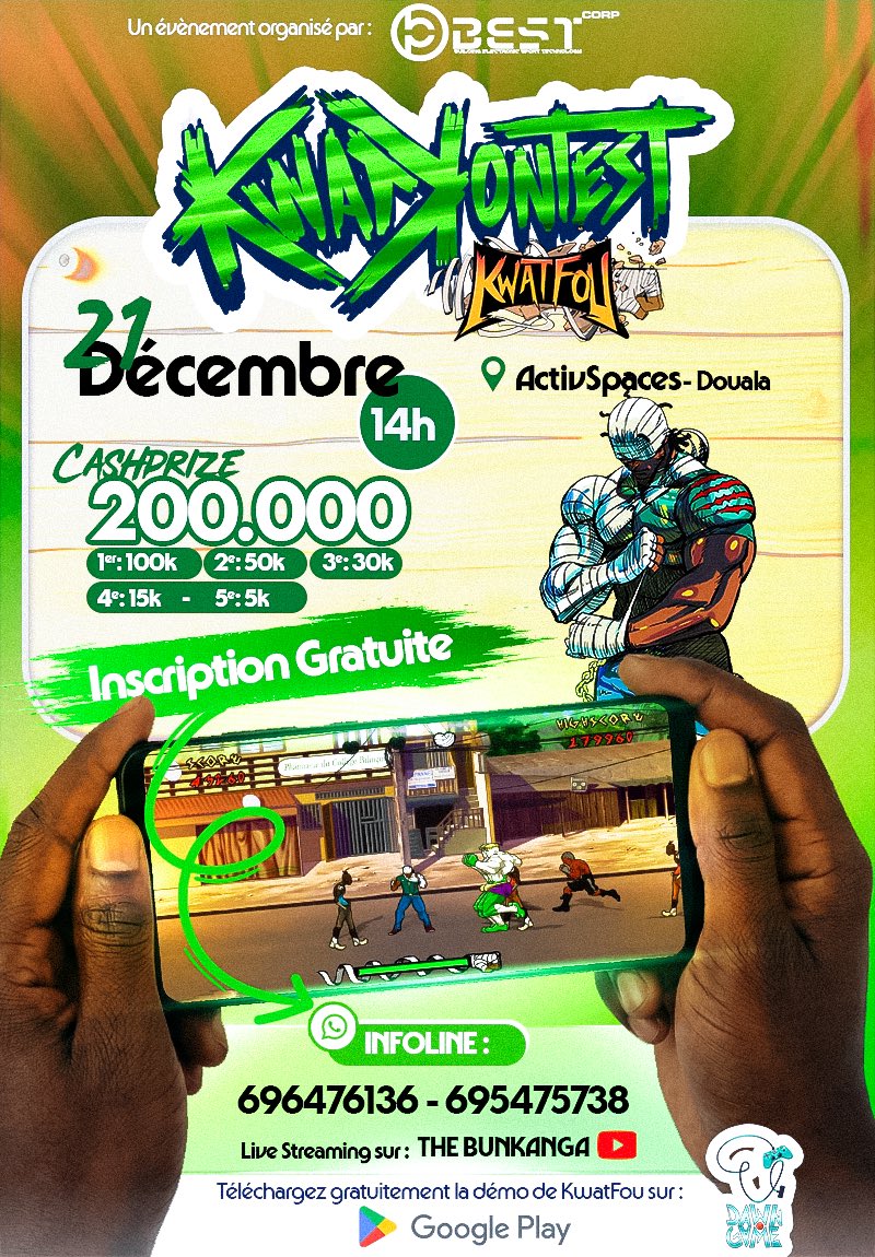 [KWAT KONTEST]

Chers Gamers🕹️

La Compétition Officielle dédiée au jeu Kwat Fou en direct d'<a href="/ActivSpaces/">ActivSpaces</a> 🎮

NOUS Y SOMMES!!

Évent Live On:

📹 youtube.com/live/2o4zEcQi7…

🎙️ <a href="/Beerus237/">☀️☯️ NMF | Beerus ⚛️✨</a> &amp; <a href="/BenjihS/">SAGYB</a> 

VIVONS LE SHOW &amp; DÉCOUVRONS ENSEMBLE LE BOSS DU KWAT 🥇🏆

#EsportsInAfrica