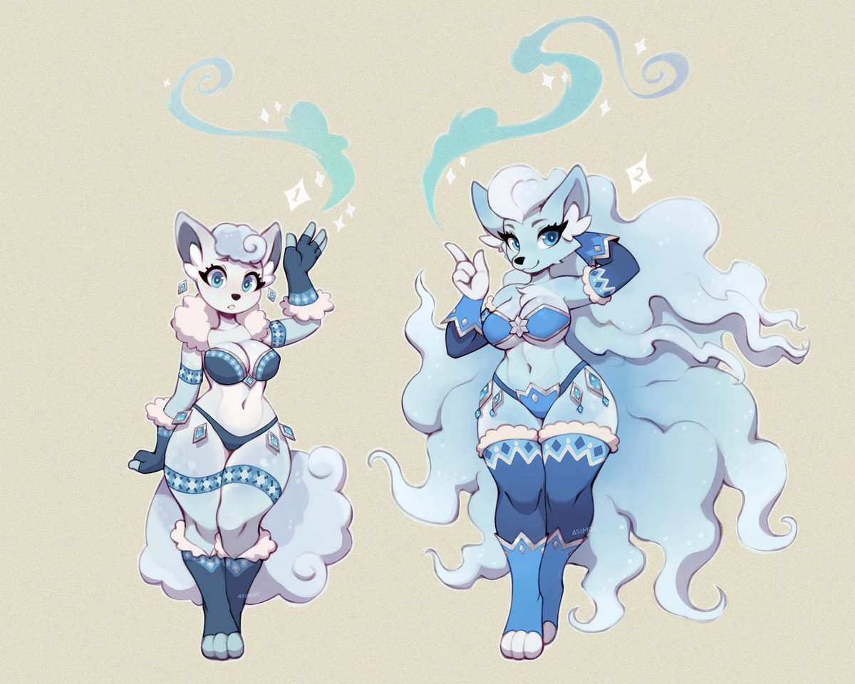 asim0s's tweet image. Holiday special snowy pokegirls designs ❄️💙
 Alolan Vulpix ang her older sister Alolan Ninetales as ice wizards!
They're both looking for owners, link below!