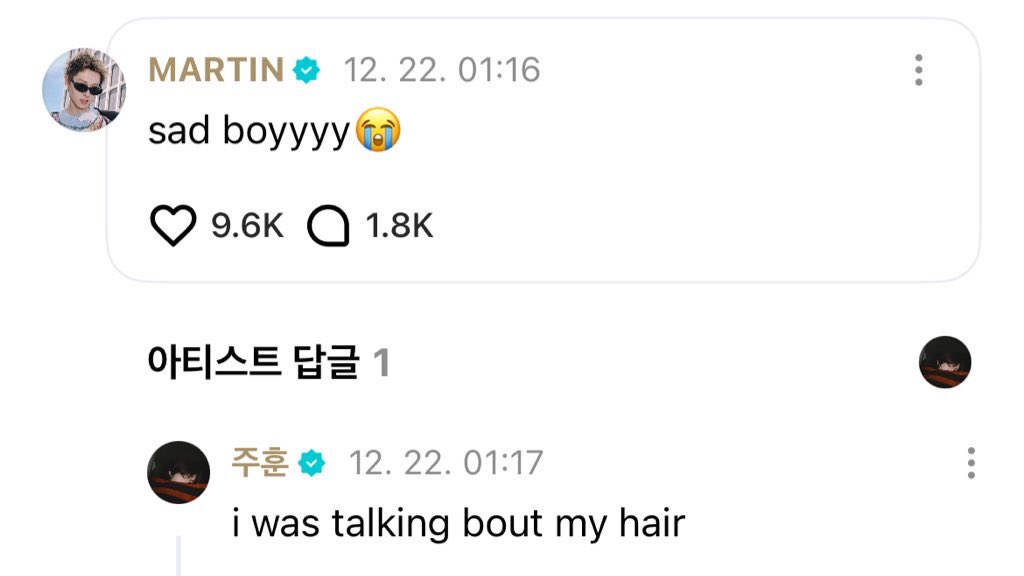 juhoontwt's tweet image. juhoon wv post with the caption “my dark days” but he was just talking about his dark hair 😭😭 omfg martin