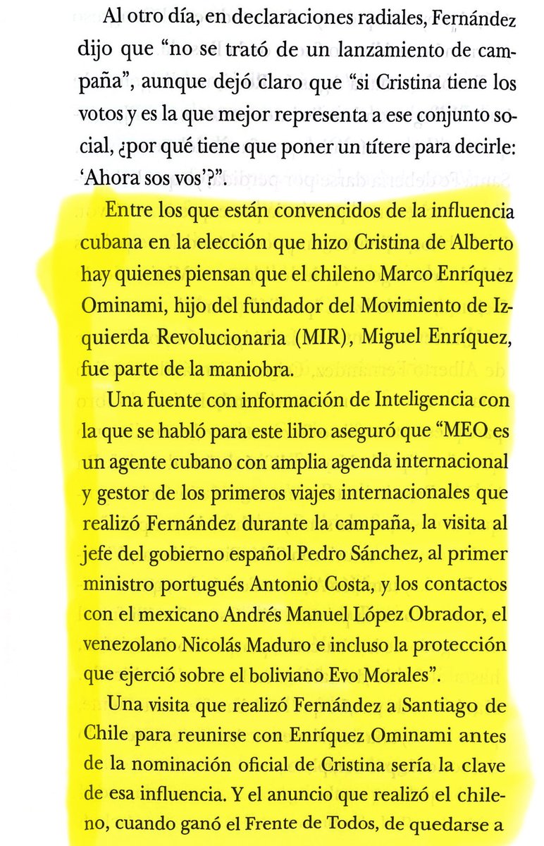 gonzalodowney's tweet image. «Una fuente con información de Inteligencia con la que se habló para este libro aseguró que "Marco Enríquez-Ominami es un agente cubano con amplia agenda internacional y gestor de los primeros viajes internacionales que realizó Fernández durante la campaña, la visita al jefe del…