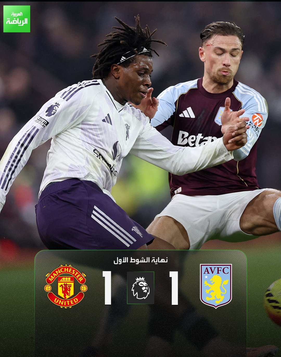نهاية الشوط الأول بالتعادل الإيجابي. أستون فيلا 1 (روجرز) مانشستر يونايتد 1 (كونيا) الدوري الإنجليزي فيلا بارك 