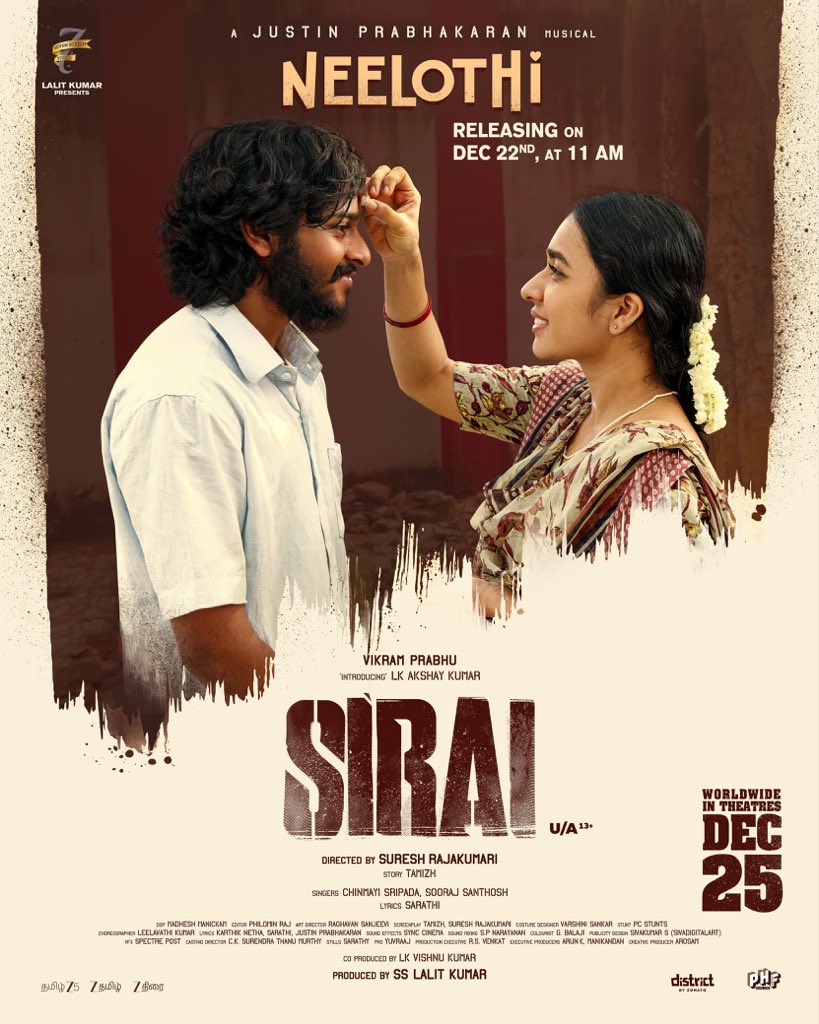 WHYmedia1's tweet photo. #Neelothi, the third single from #Sirai, drops tomorrow (Dec 22) at 11 AM 🎶
🎤 @chinmayi &amp; @soorajslive 🎵 A Justin Prabhakaran musical
🌍 Worldwide in theatres from Dec 25
#SiraiFromDec25 #ChristmasRelease @7screenstudio @ZEE5Tamil @proyuvraaj https://t.co/z3lWLStSYr