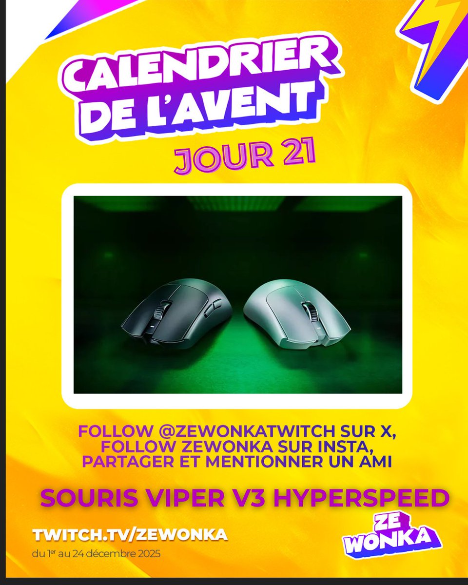 🎁 CONCOURS 21/24 SPÉCIAL NOËL 🎁

x1 SOURIS VIPER V3 HYPERSPEED à GAGNER !

Pour participer :
🔸 FOLLOW <a href="/ZeWonkatwitch/">ZeWonka</a>
🔹 FOLLOW moi sur INSTA : instagram.com/zewonka/
🔸 RT ce tweet
🔹 MENTIONNE un ami

⏰ TAS en live le 21/12