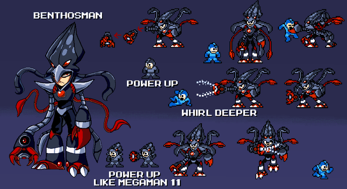 Design Master Robot: Benthosman 
Used for marine research
His long arm creates suction vortices that pull enemies in for a crab-claw attack
his cannon detaches from his arm to form a motorized scouting mini-drone that also attacks
Pen-Name: Bowchers
#MegaManDO #DesignARobotMaster