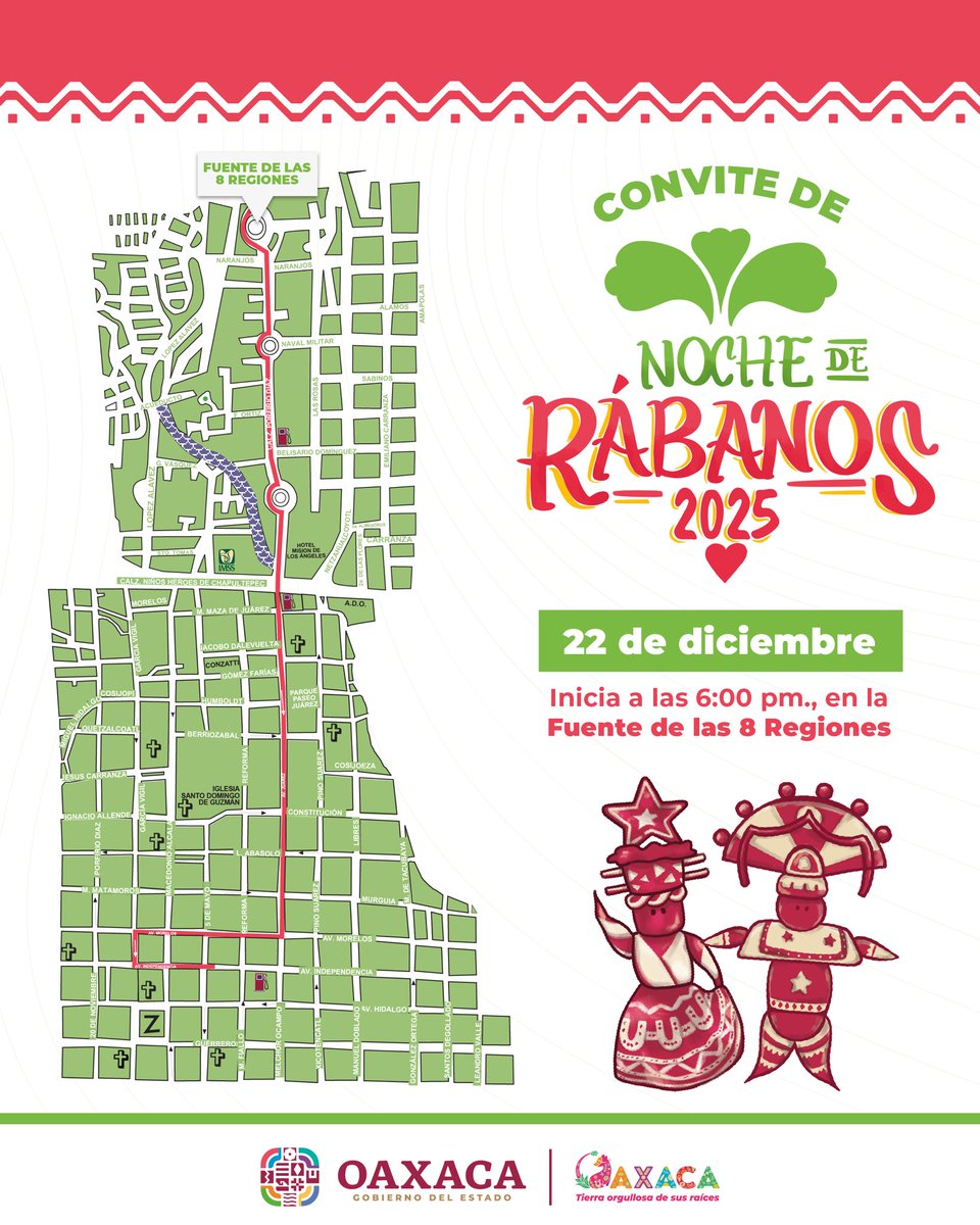 ¡VIVE EL CONVITE DE LA NOCHE DE RÁBANOS 2025!

Este 22 de diciembre, a partir de las 6:00 p. m., asiste al Convite de la Noche de Rábanos 2025, cuyo recorrido inicia en la Fuente de las 8 Regiones y llenará las calles del Centro Histórico de música, color y tradición. Juntas y